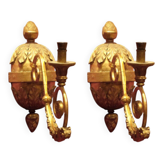 Italian Baroque Hand-Carved Giltwood Sconces with Gilt Bronze Arm, Set of 2