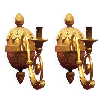Appliques en bois doré sculpté à la main de style baroque italien avec bras en bronze doré, ensemble de 2.