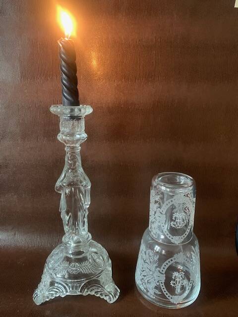 Large religious candlestick in old crystal, Virgin Mary, 1910