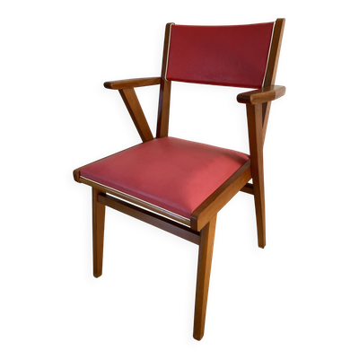 Fauteuil vintage années 50/60 – bois & skaï rouge – style scandinave