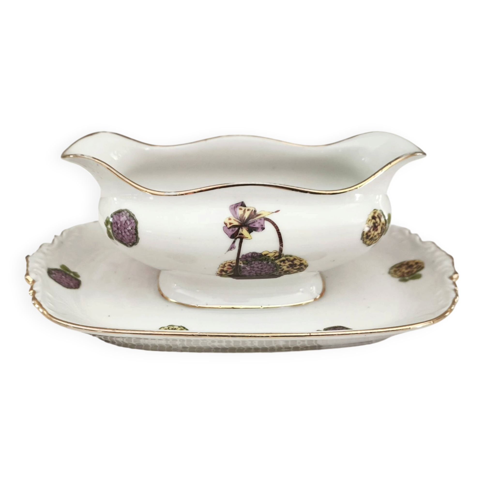 Sauce boat on a Limoges porcelain base with a hydrangea basket design.