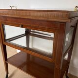 Serving Light mahogany English tea table. Beveled windows. circa 1900. Removable glass top.