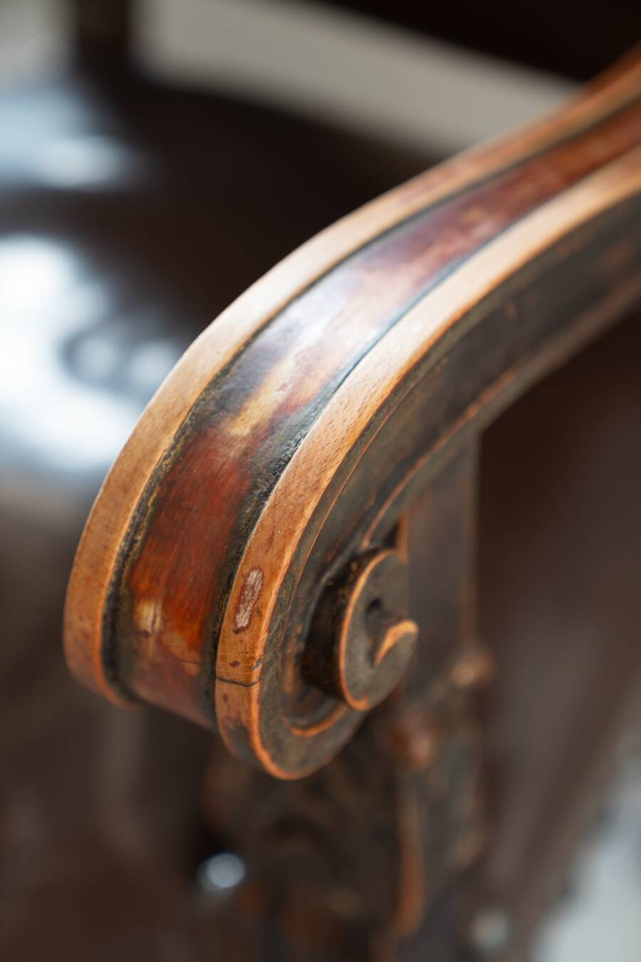 19th century beechwood, metal, and leather throne