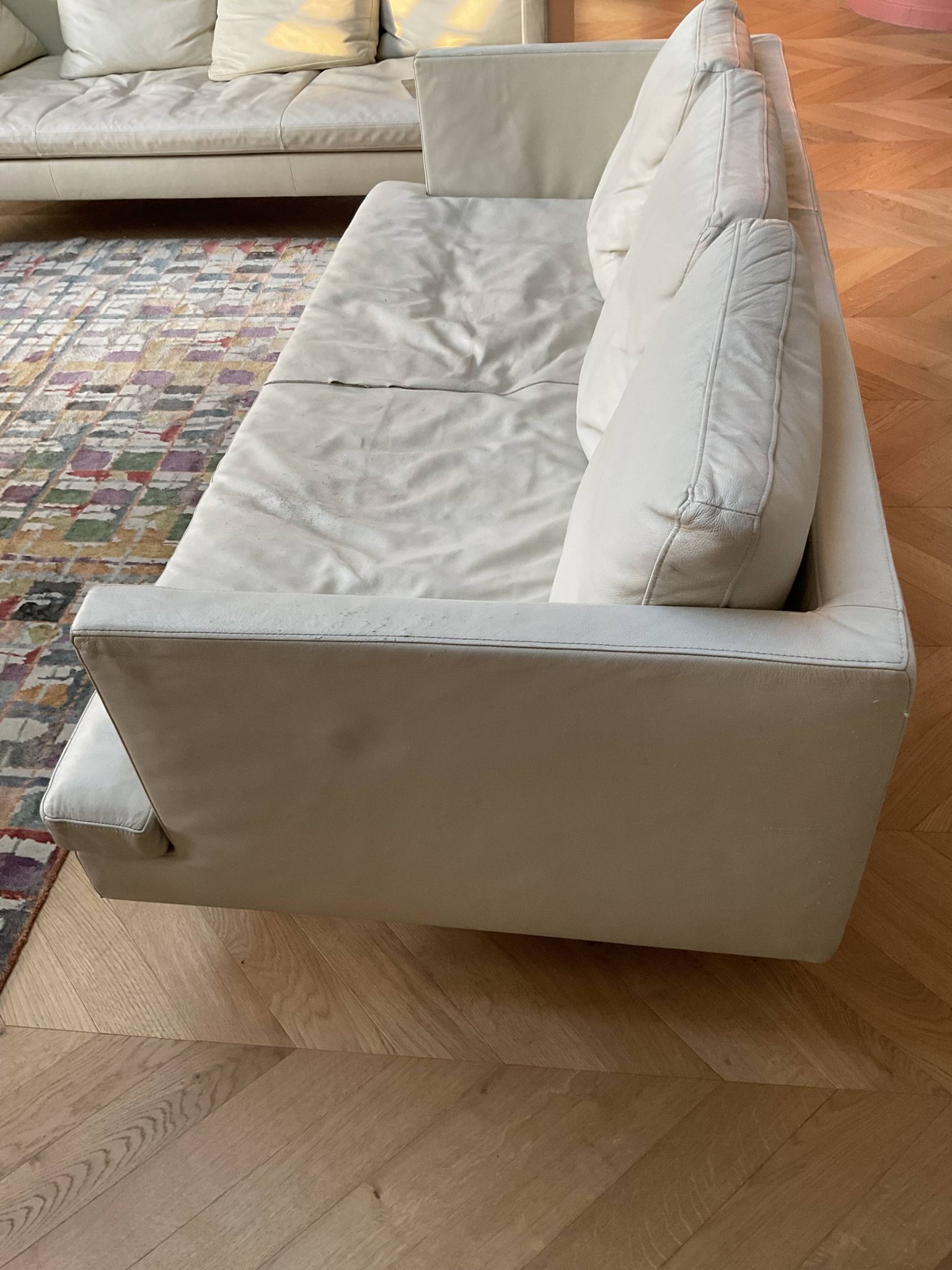 Cinna "Stricto Sensu" 3-seater sofa in chalk leather, designer Didier Gomez.