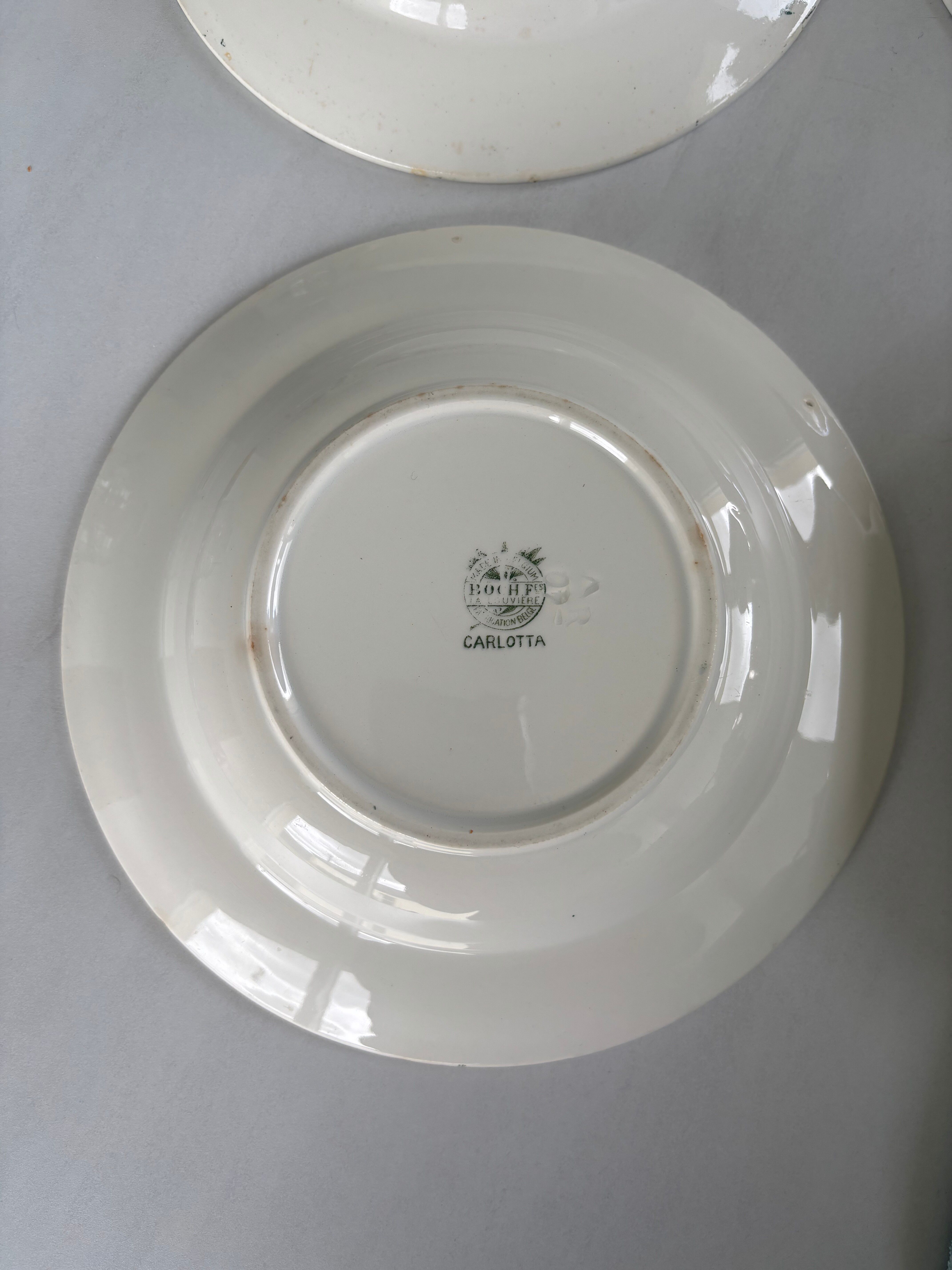 Set of 6 blue and green ironstone deep plates, French earthenware.