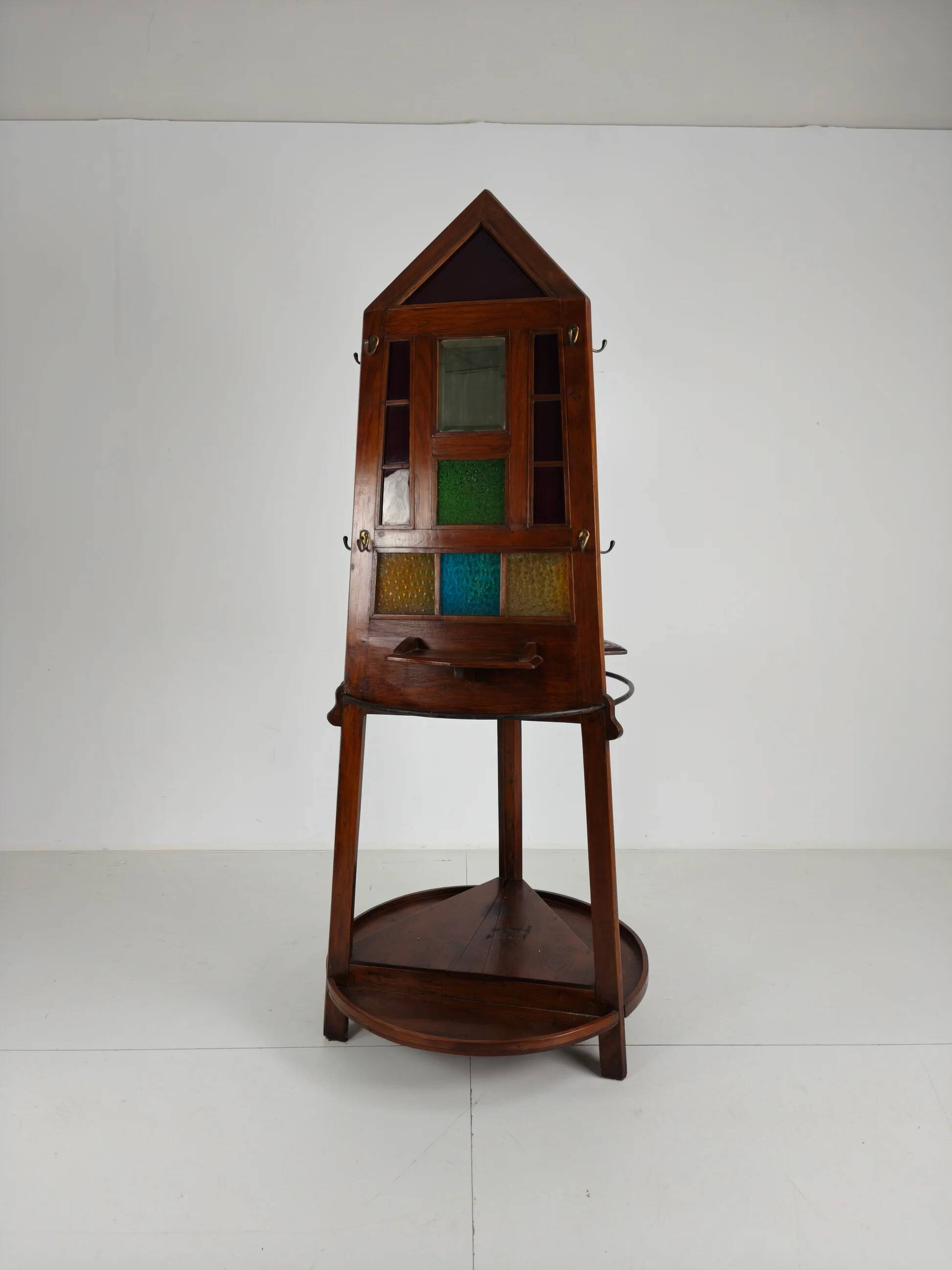 Porte-manteau / porte-parapluies Art Déco en chêne unique – Design obélisque des années 1920 avec vitrail