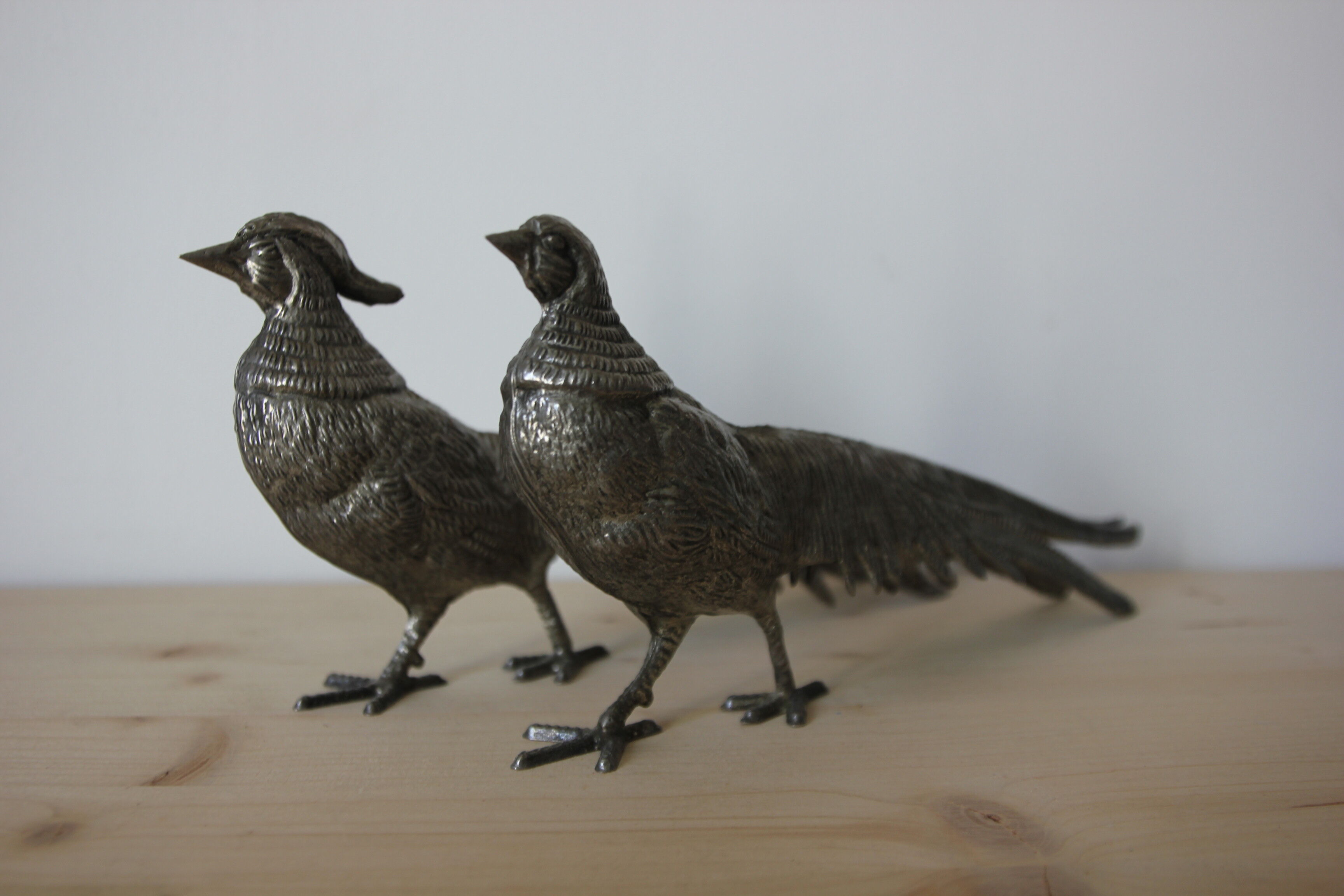 Pair of silver metal pheasants