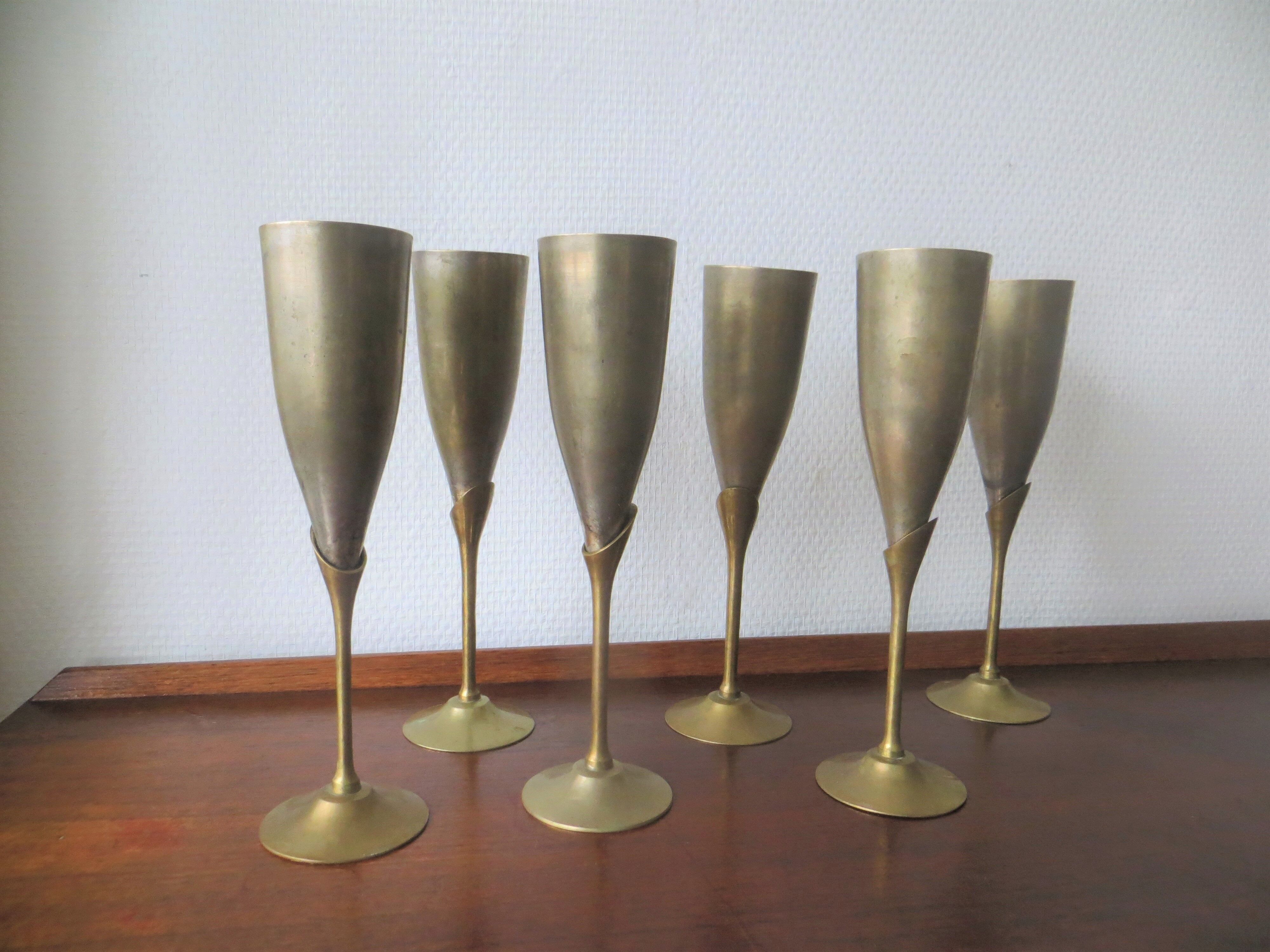 6 vintage metal Champagne flutes