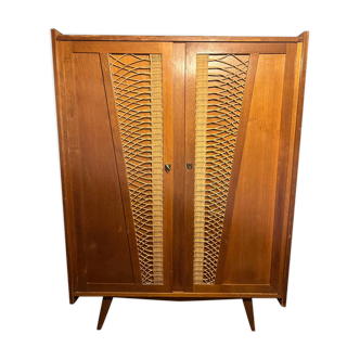 Vintage wood and wicker cabinet