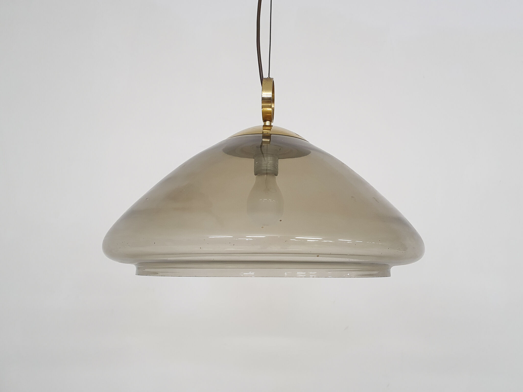 Mid-century smoked glass and brass pendant light