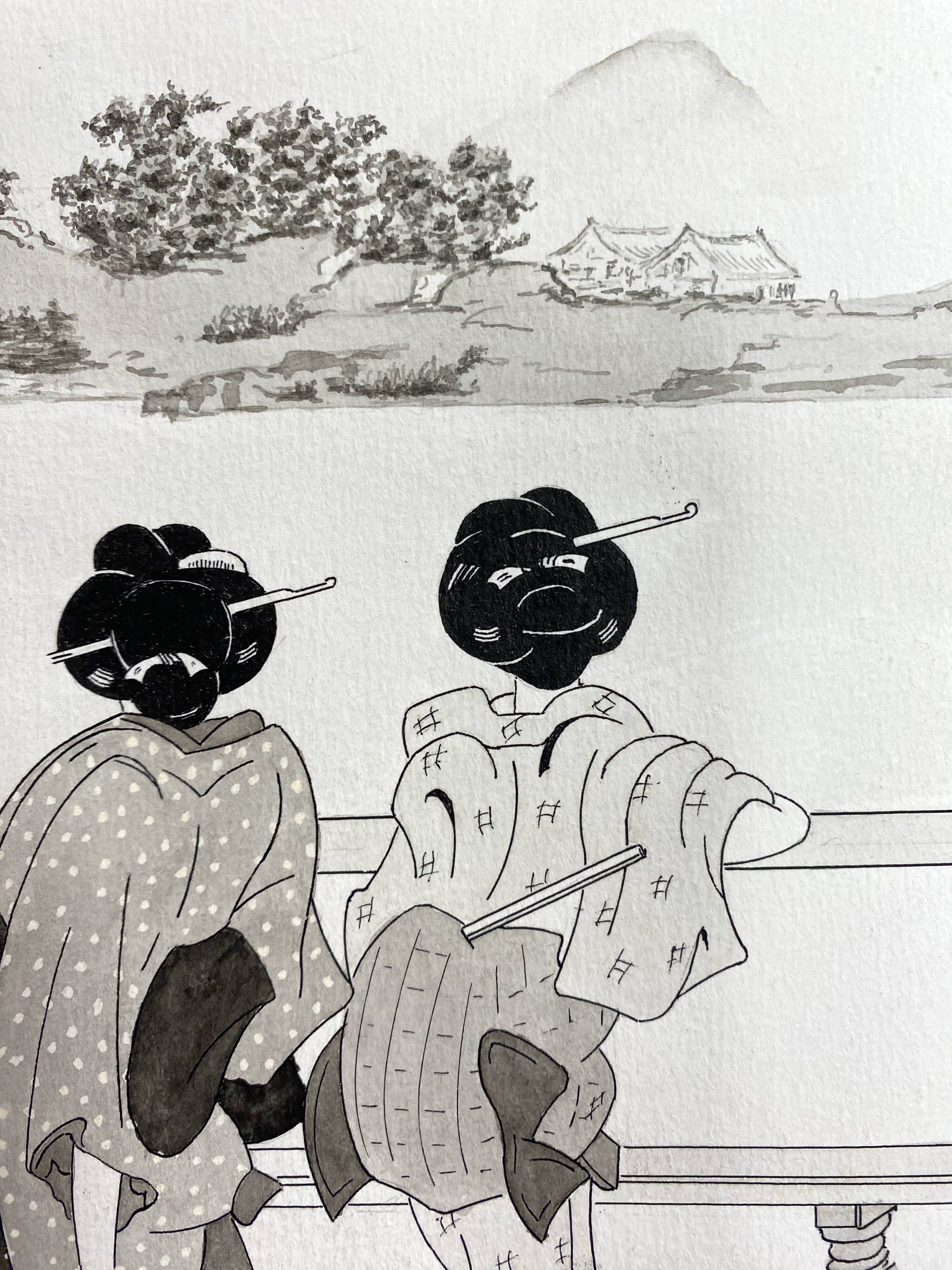 Two original ink and watercolor drawings signed Asia
