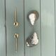 vintage earthenware salt cellars shell decor + golden spoons in box
