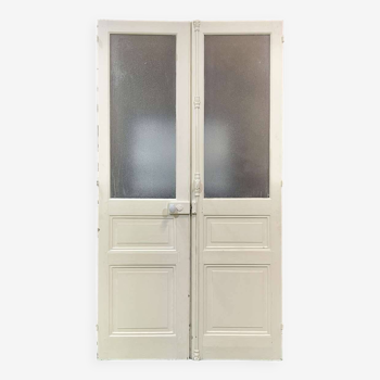Double porte d'intérieur vitrée en sapin du début XXème
