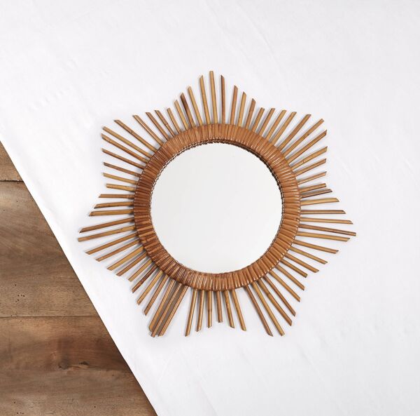 Miroir soleil ancien en rotin en forme d'étoile