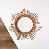 Old sun mirror 49 cm in rattan, star.