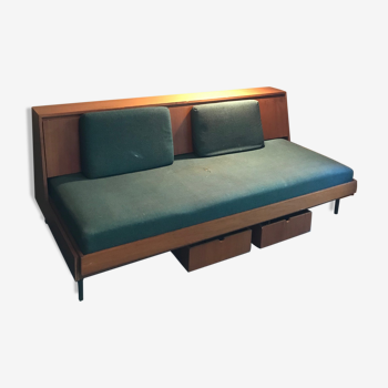 Vintage "Daybed" teak and blue fabric bench, 1960