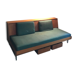 Vintage "Daybed" teak and blue fabric bench, 1960