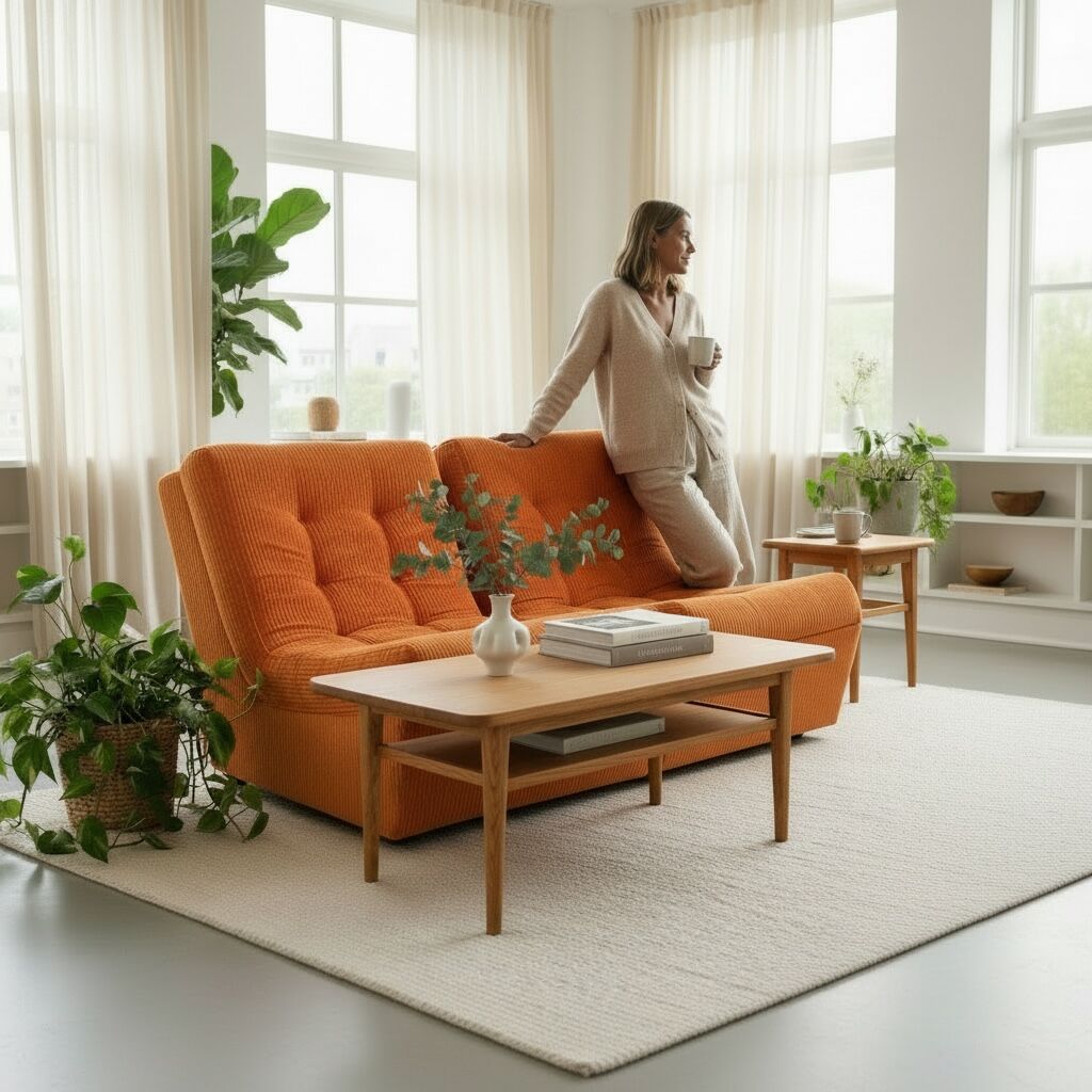 Set of orange lounge chairs, space age style, corduroy