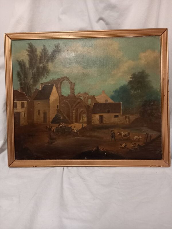 Tableau ancien, école française du XVIIIe s., scène bucolique, ruines
