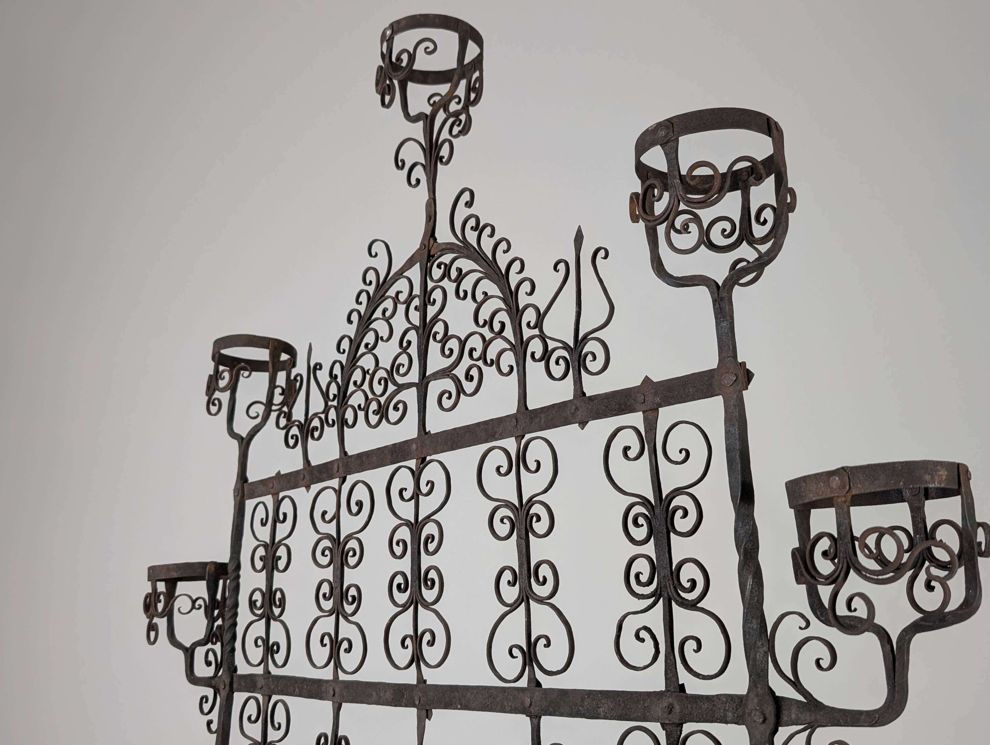 Spanish Wrought Iron Fireplace Screen Candelabra, Arts and Crafts, 1880s
