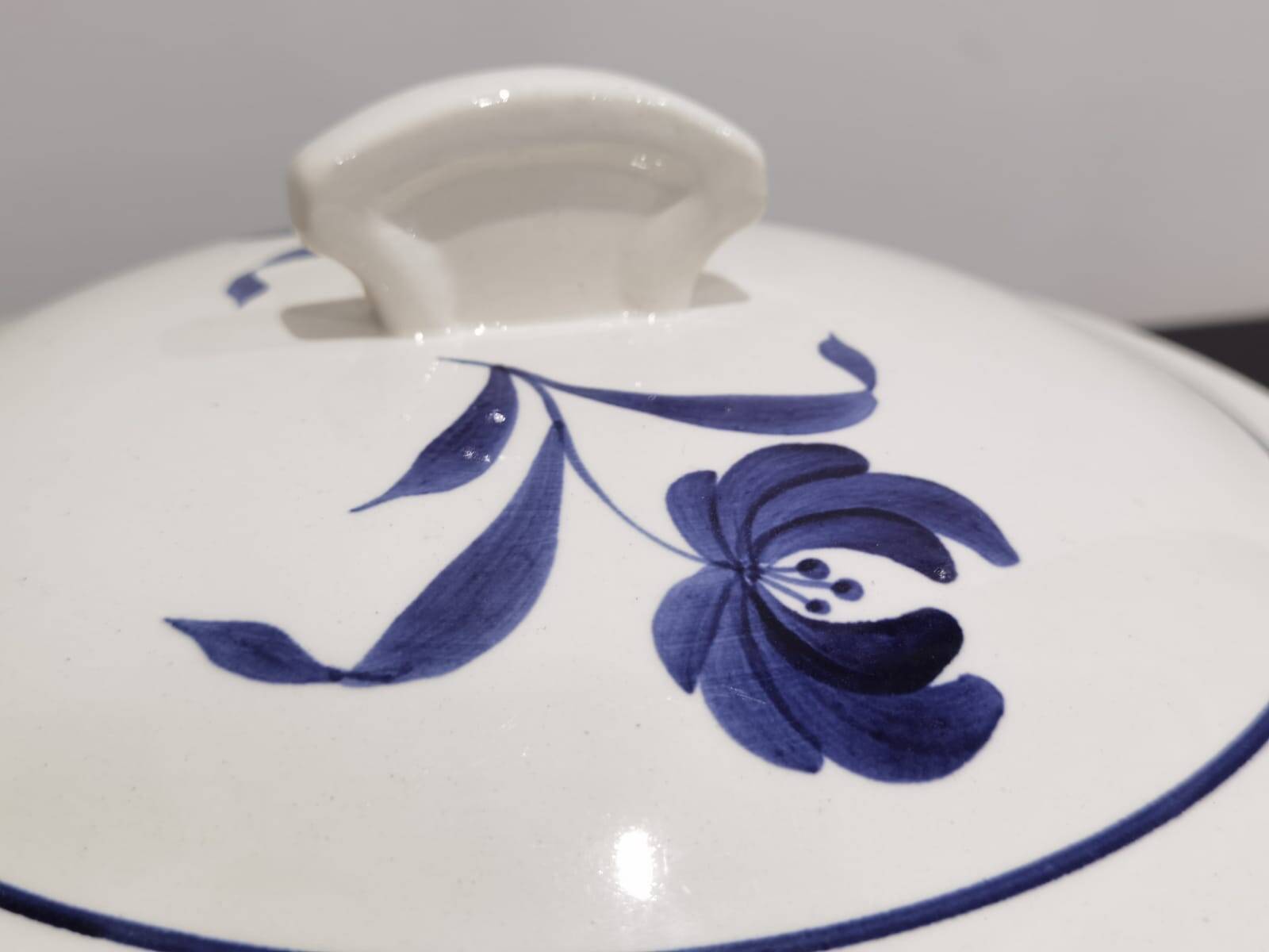 Old earthenware tureen with blue flower, Moulin des loups and hamage France, model