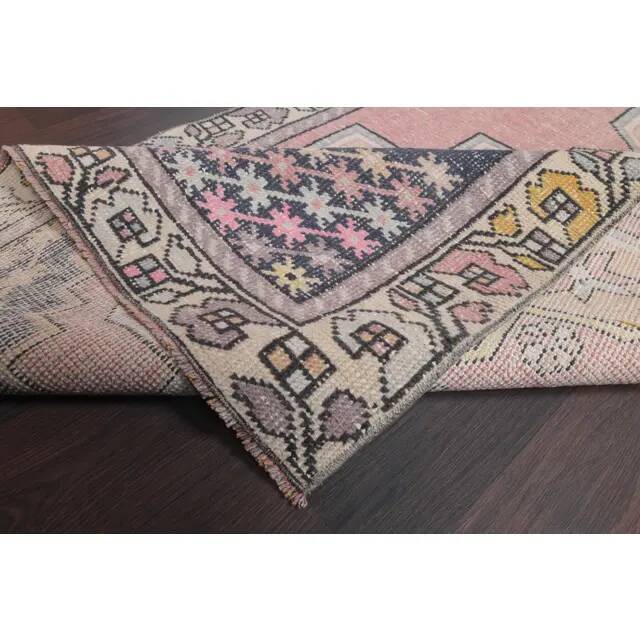 Vintage Turkish Oushak handmade wool cotton pink runner rug 117x254