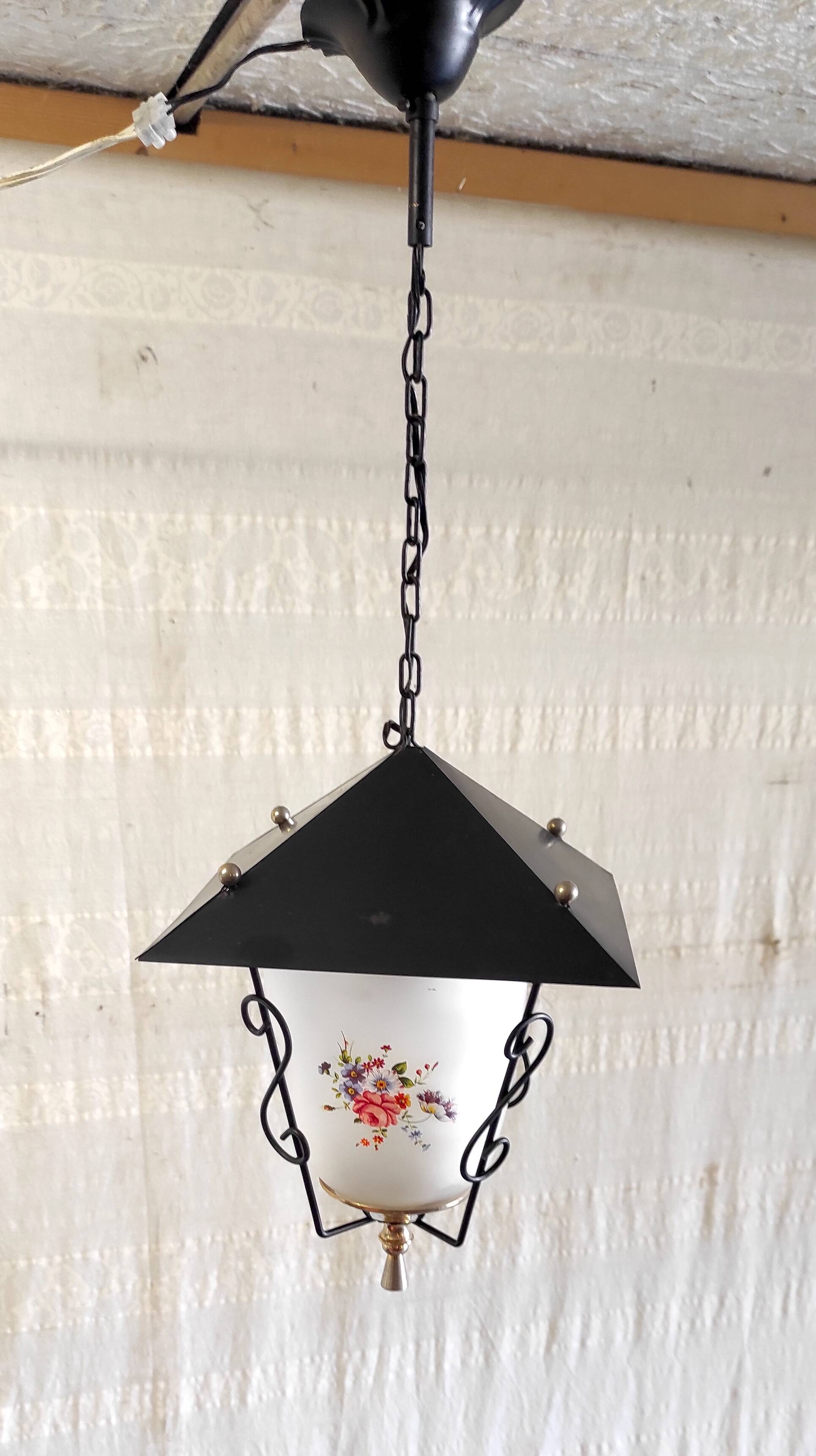 Lantern pendant light in metal, brass and glass - 50s/60s