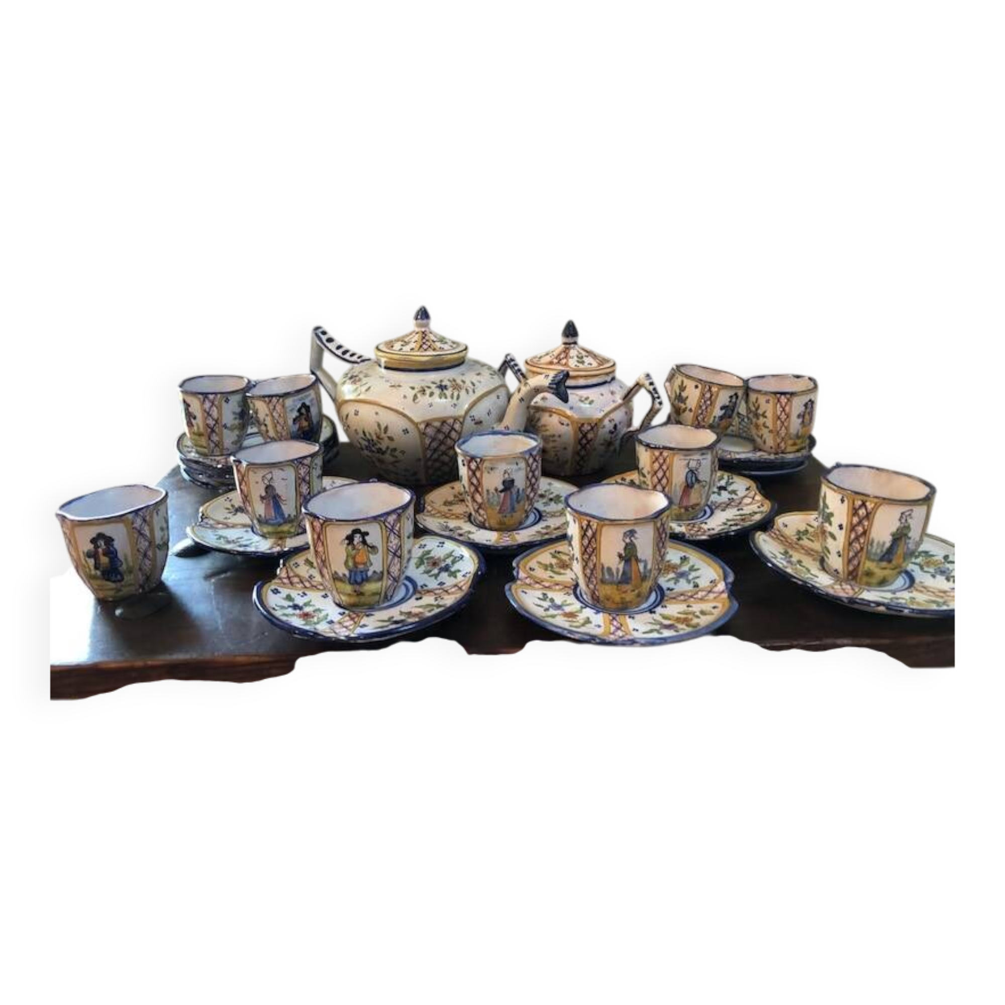 Antique Henriot Quimper Faience Coffee Set, Breton Folk Art, 1893-1904