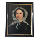 Peinture à l'huile antique vintage d'une dame néerlandaise, 19e siècle