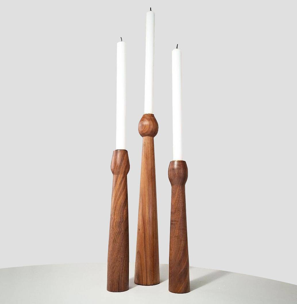 3 Scandinavian teak wood candle holders with brass inserts, Denmark, a