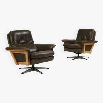 Vintage Danish Mid Century Leather Swivel Chair Set Attributed To Sigurd Ressel