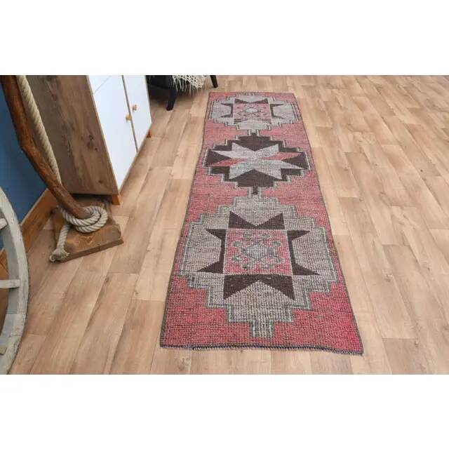 1970s Vintage Turkish Oushak Handmade Wool Cotton Pink Runner Rug 89x279