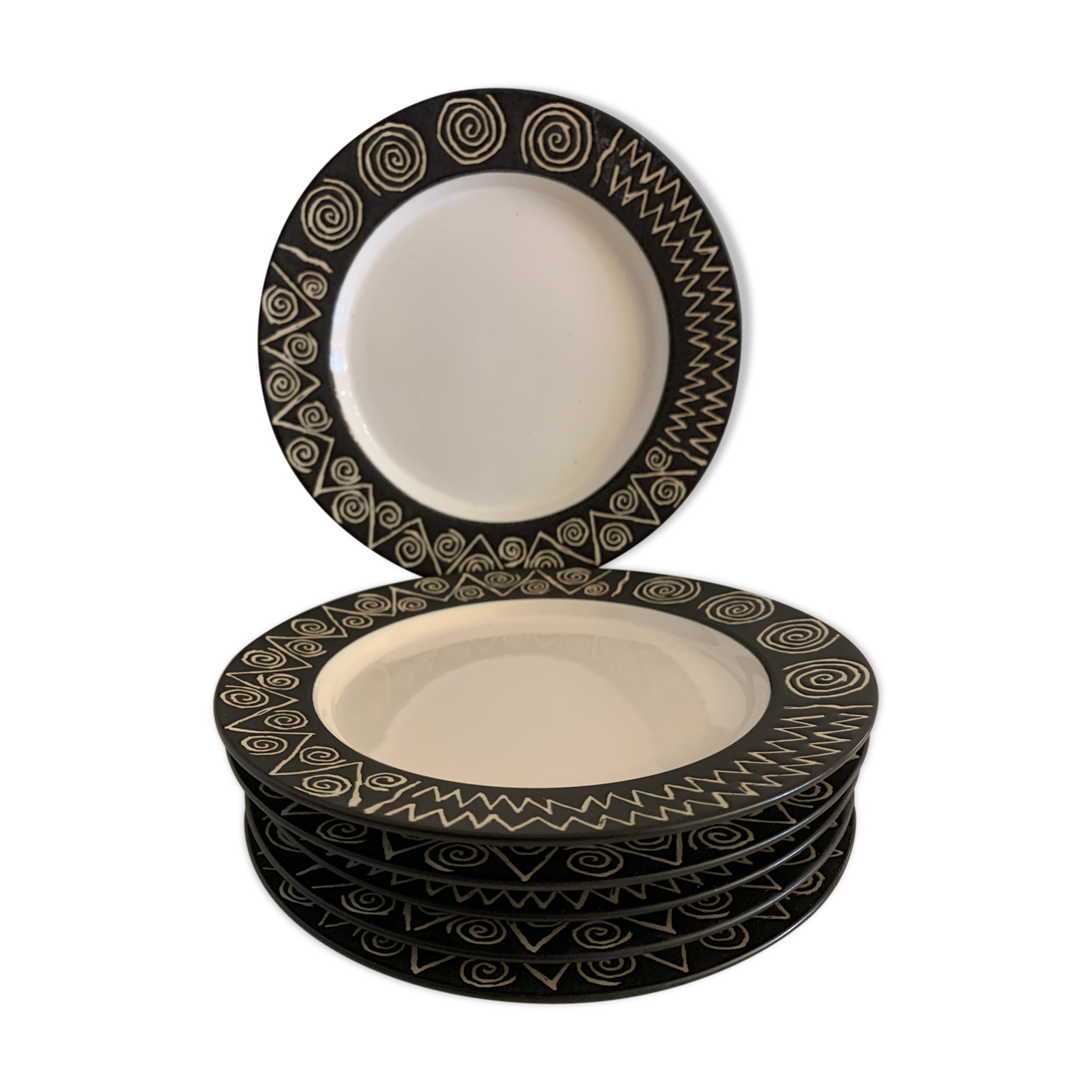 6 assiettes à dessert noires et blanches Scraffito, Habitat Japon, 1970