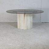 Living table, Comblanchian stone base and elliptical tray in smoked glass, Italy, 1970