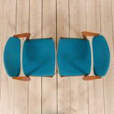 Pair of 42 Kai Kristiansen teak chairs in original blue bouclé upholstery, Denmark, 60s.