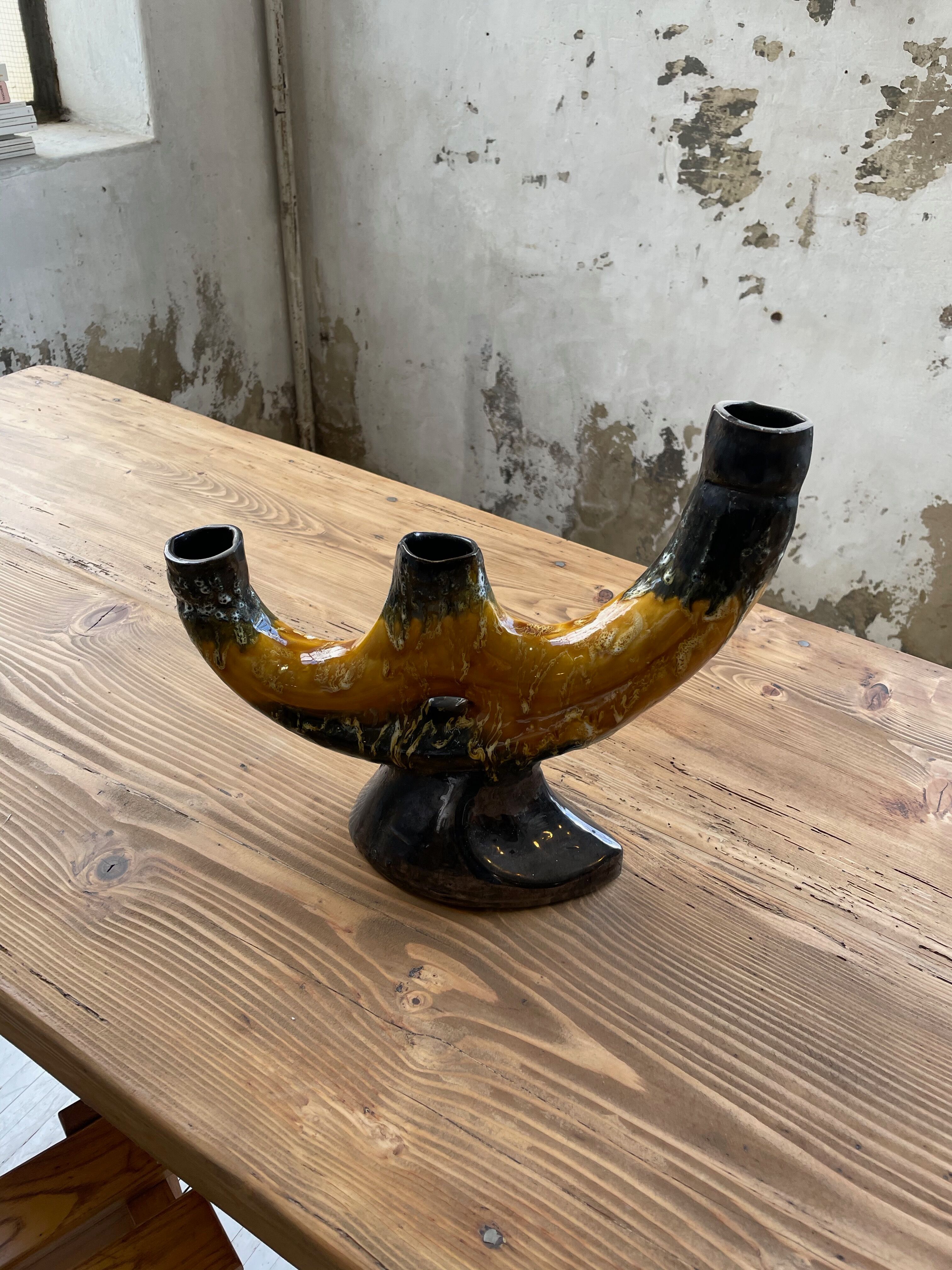 Vallauris black yellow ceramic candlestick