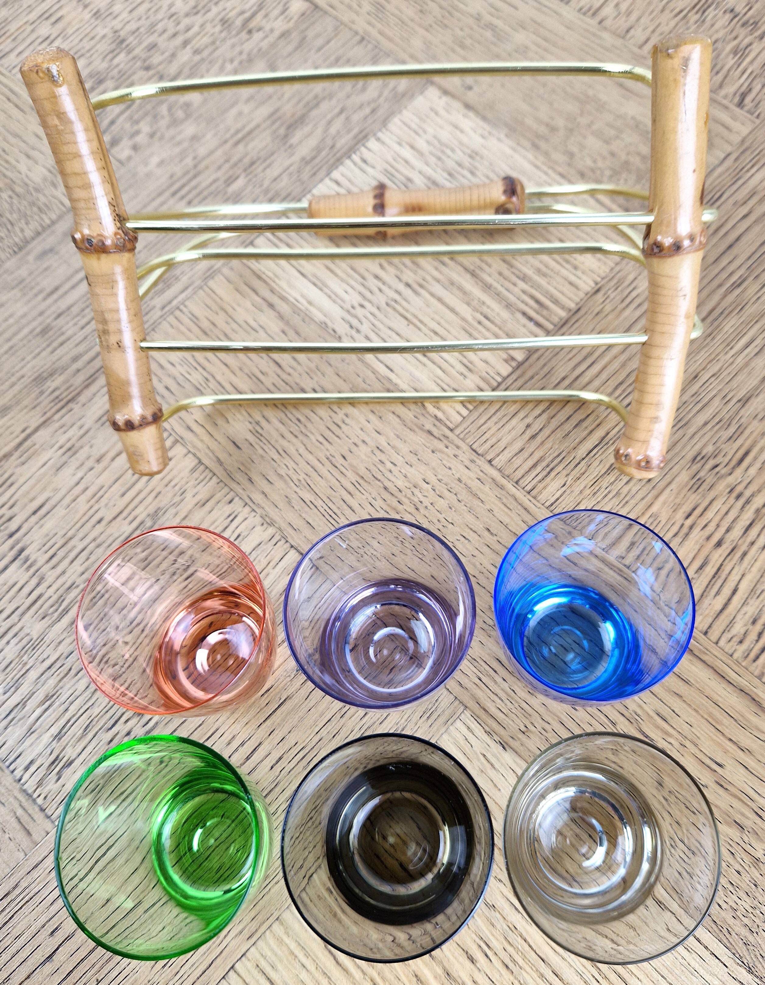 6 Old multicoloured liqueur glasses with bamboo stand