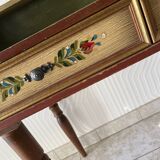 Wooden dressing table with olive green chair and floral patterns