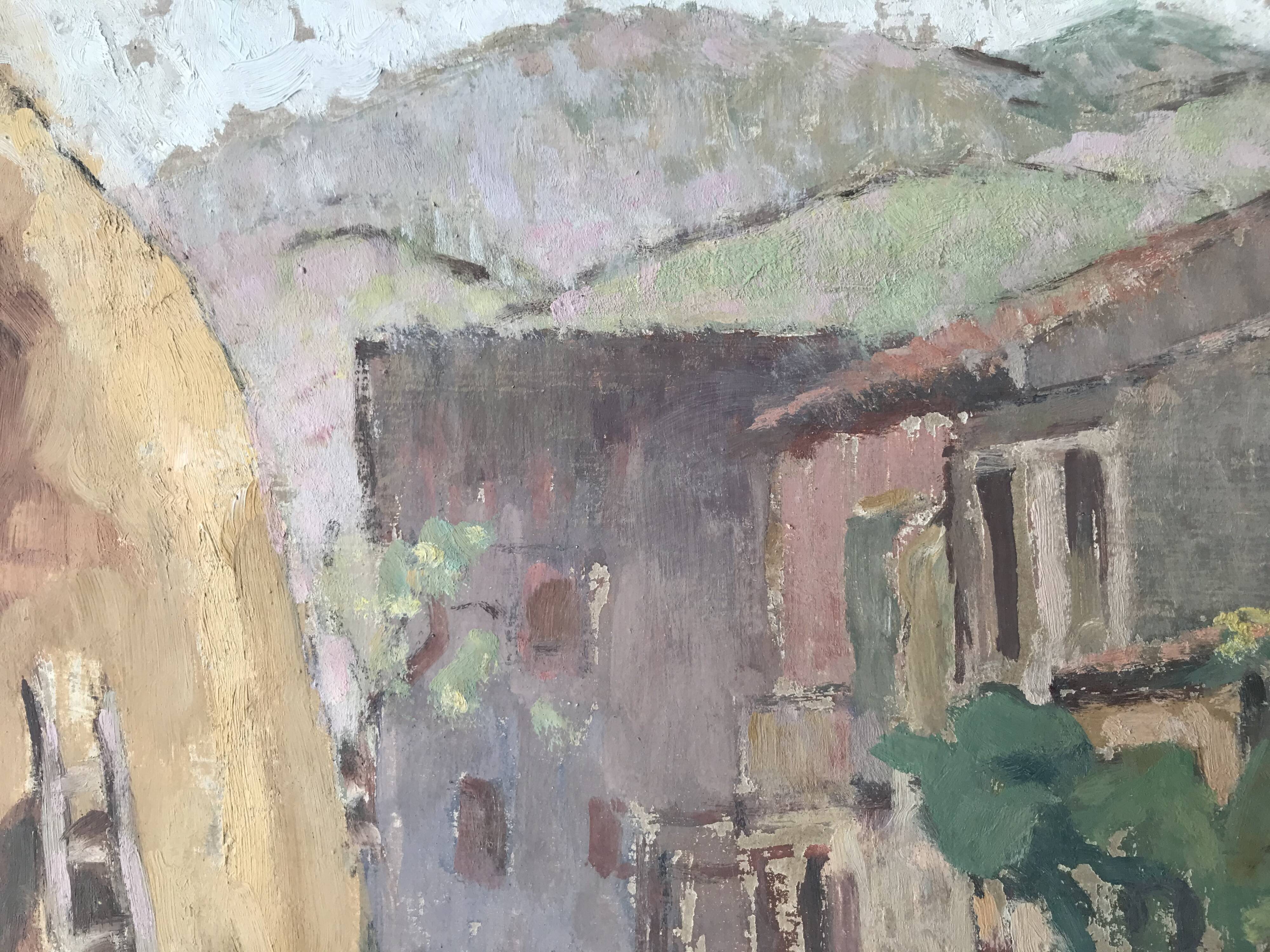 Old painting oil on cardboard peasant village
