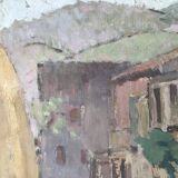 Old painting oil on cardboard peasant village