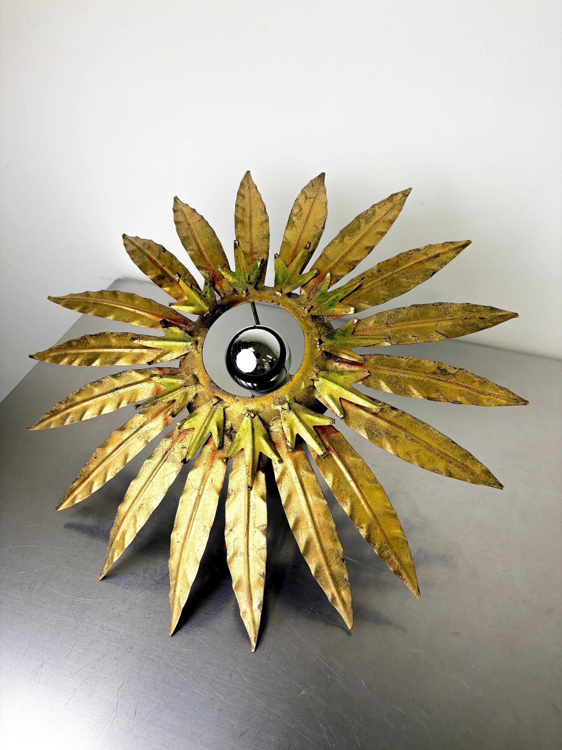 Mid-century modern sunburst light fixture with leaves, French craftsmanship, 1950s
