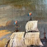 Tableau HST "Navire au crepuscule" fin XIX° Signé Mauval (?)