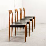Niels Otto Moller Style Solid Teak Wood Dining Chairs with Leatherette 50s