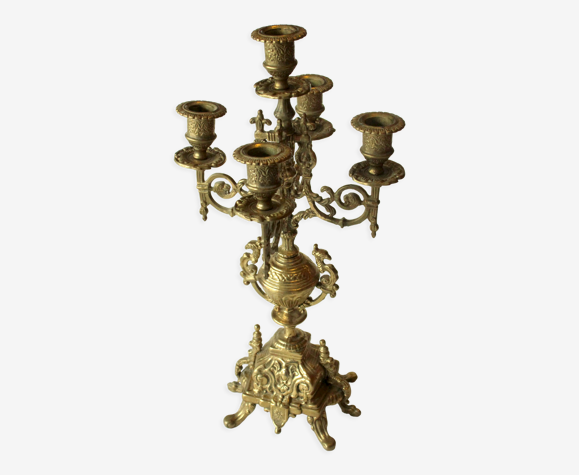 Candélabre antique en laiton massif de style baroque, à 5 bras, date directement des années 1930