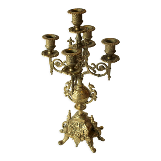 Candélabre antique en laiton massif de style baroque, à 5 bras, date directement des années 1930