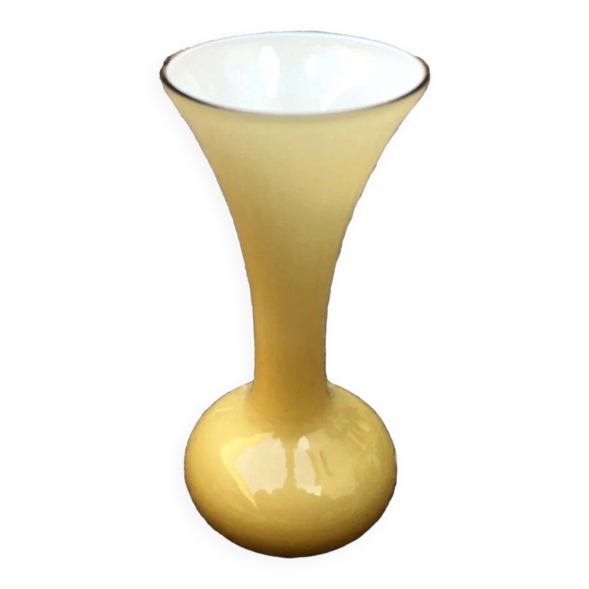 Single flower vase in Murano style, amber glass with a white milk interior.