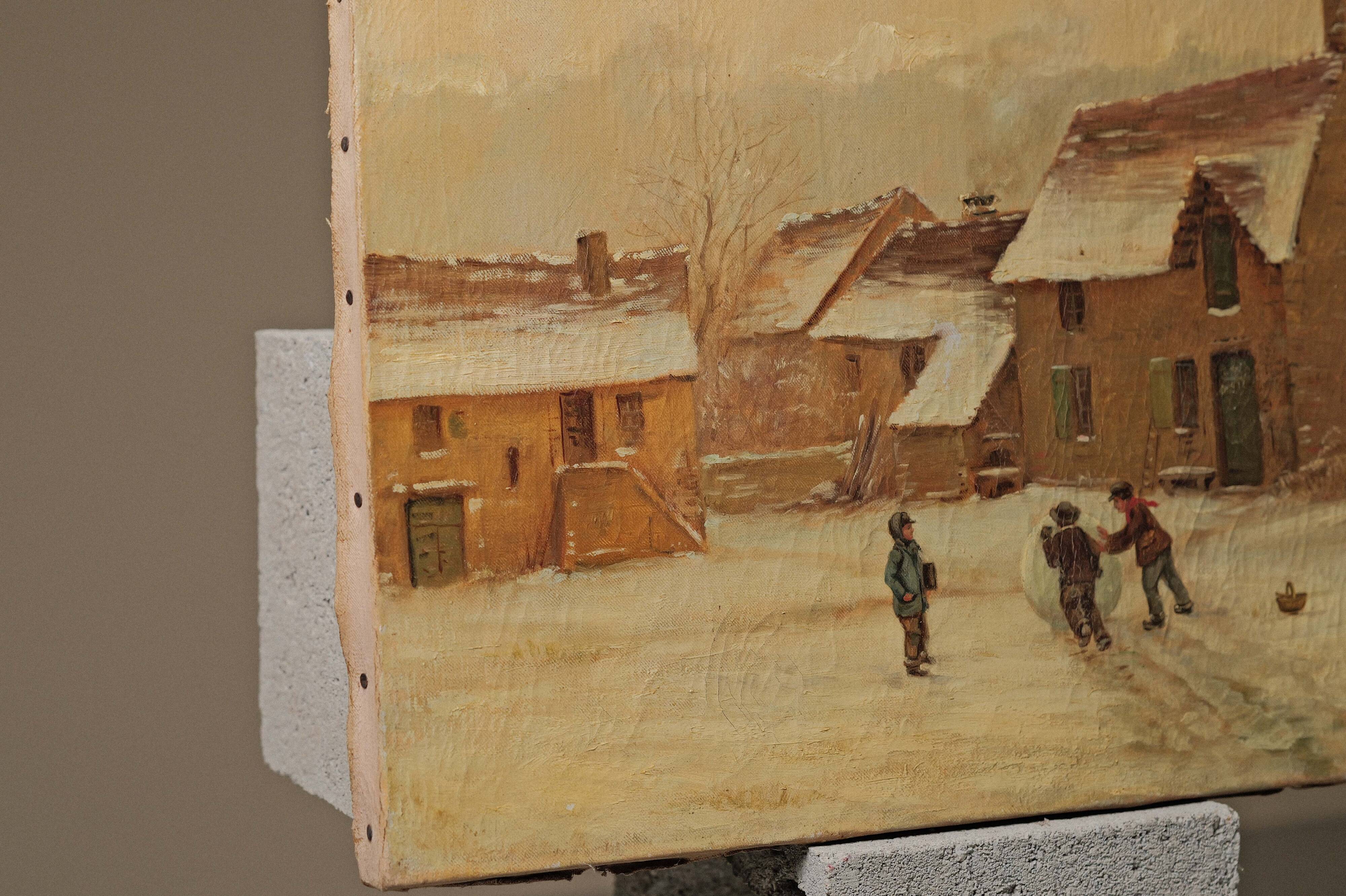 Children playing in the snow, oil on canvas, signed, circa 1900