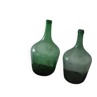 Pair of vintage green glass wine bottles – Hungary / Czech Republic, set of 2