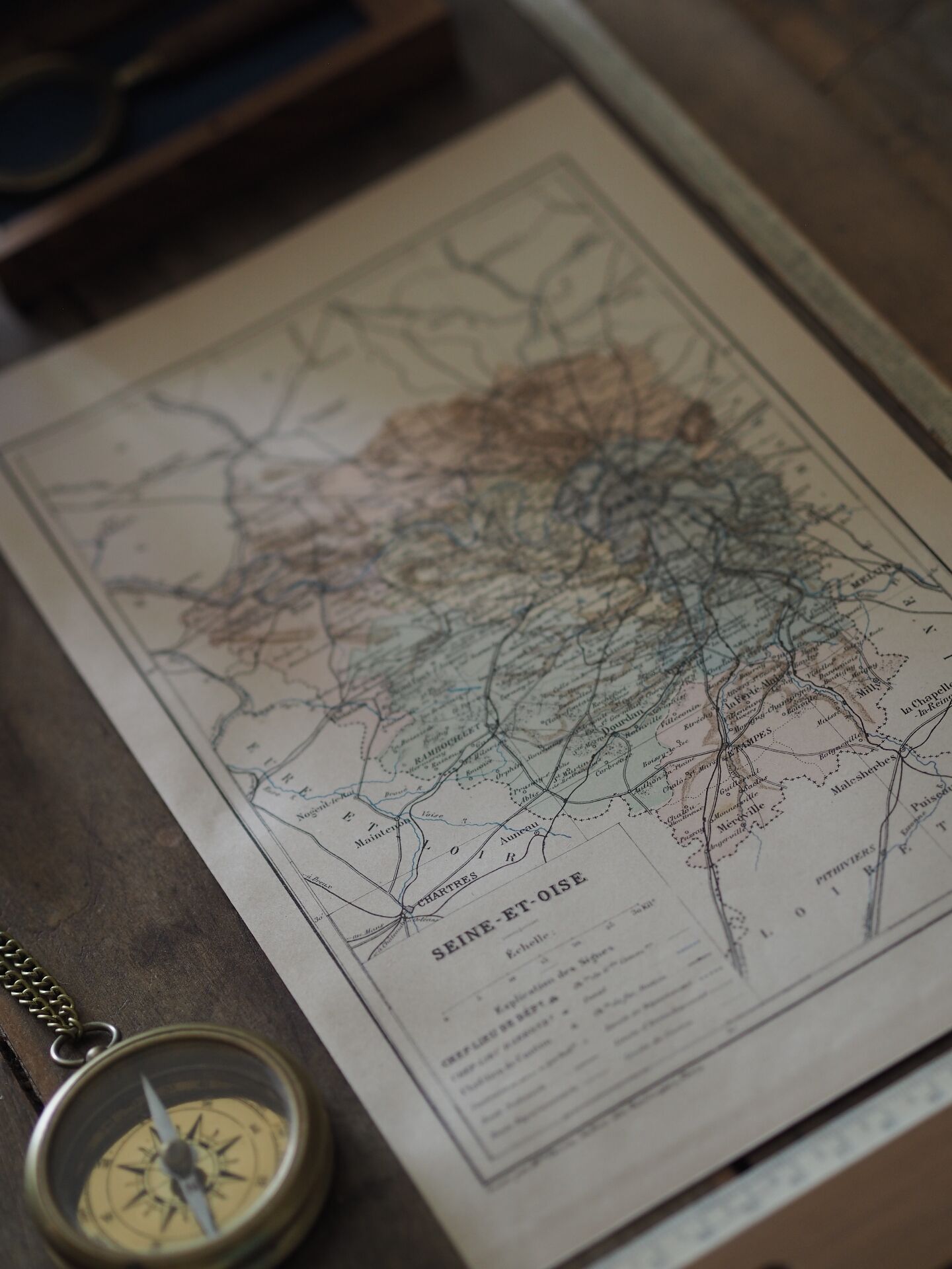 Map of Seine-et-Oise, France. Antique printed in 1889.