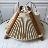 Scandinavian suspension lamp in wood and wool made in gdr 60s